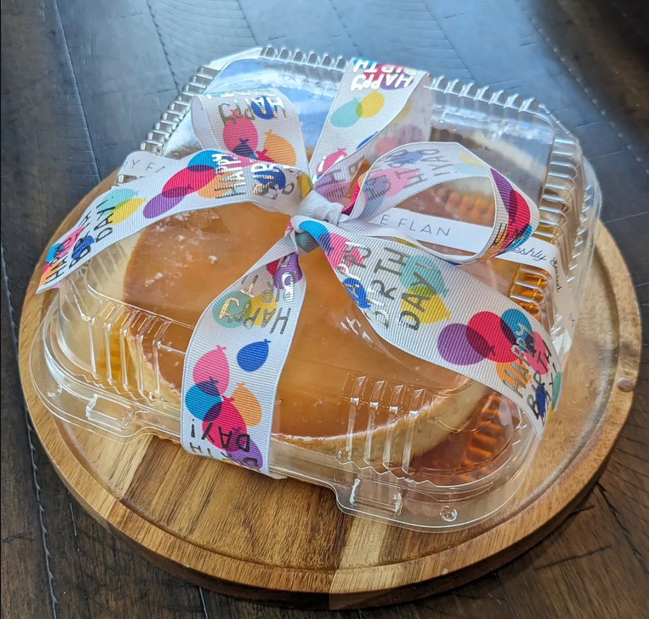 Birthday flan with celebration decorations