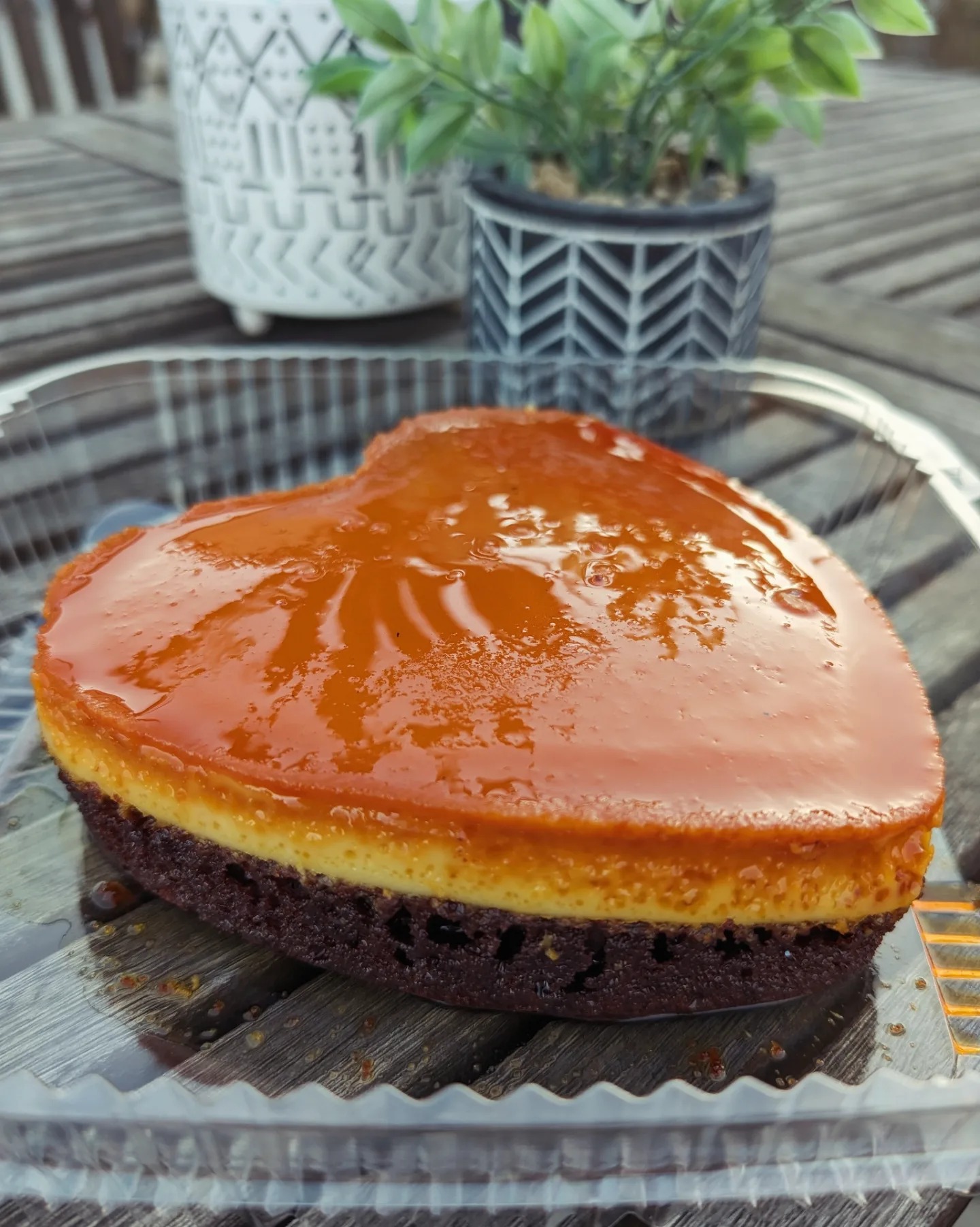 Heart-shaped chocoflan with glossy caramel topping
